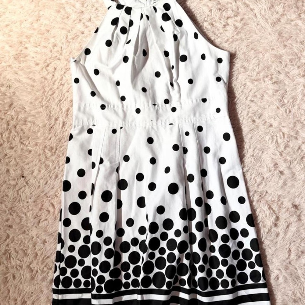 Monochrome Polka Dot Pleated Retro Quirky Teacher High Neck Dress Womens 16